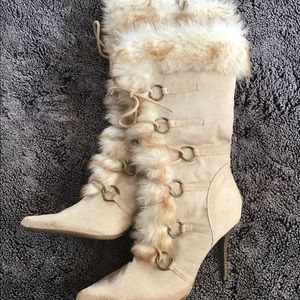 Cream/Beige Faux Fur Calf High Boots